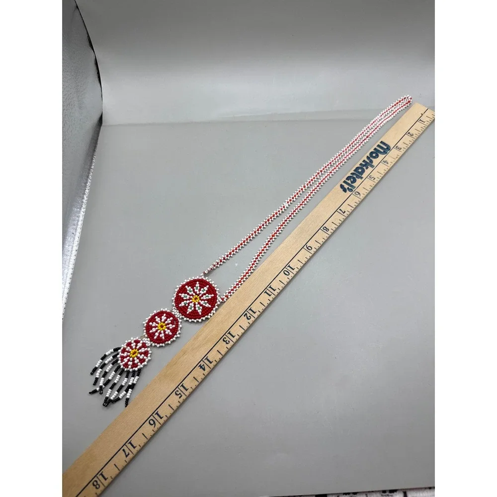 Vintage Mid Century Native American Seed Bead Medallion Fringe‎ Necklace